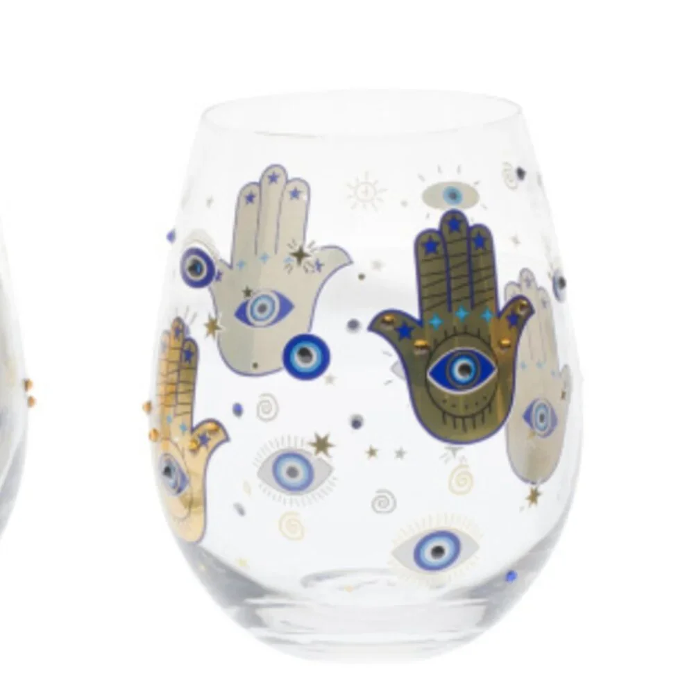 LOVE + LIGHT Wine Glasses Set Of 2 Hamsa Stemless Hamsa Evil Eye Stemless